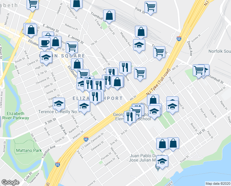 map of restaurants, bars, coffee shops, grocery stores, and more near 431 Fulton Street in Elizabeth