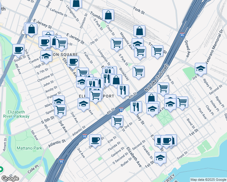 map of restaurants, bars, coffee shops, grocery stores, and more near 431 Fulton Street in Elizabeth
