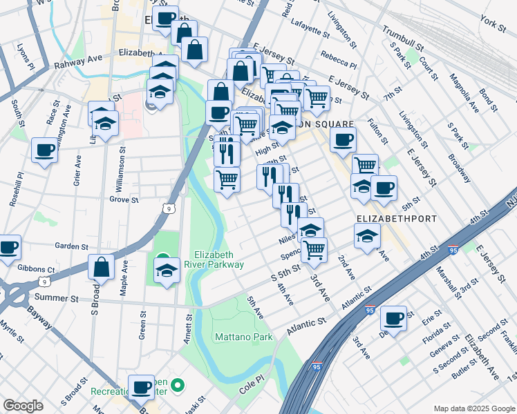 map of restaurants, bars, coffee shops, grocery stores, and more near 607 4th Avenue in Elizabeth