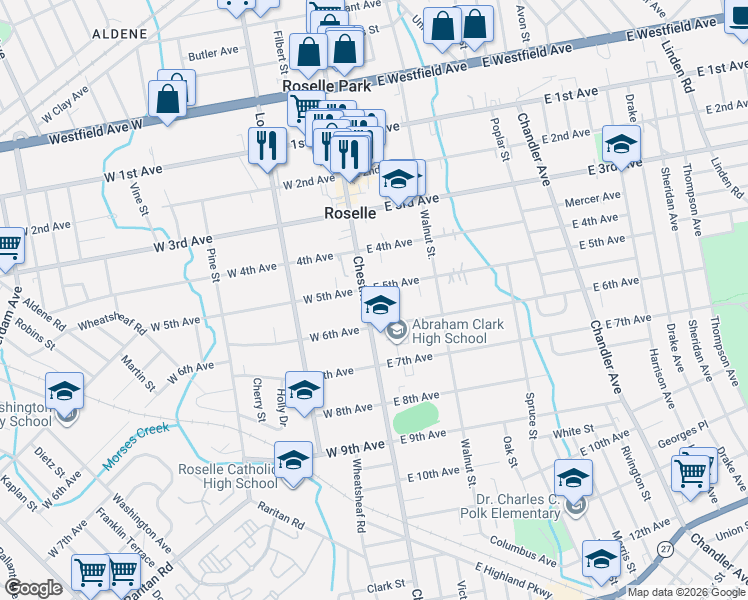 map of restaurants, bars, coffee shops, grocery stores, and more near 519 Chestnut Street in Roselle
