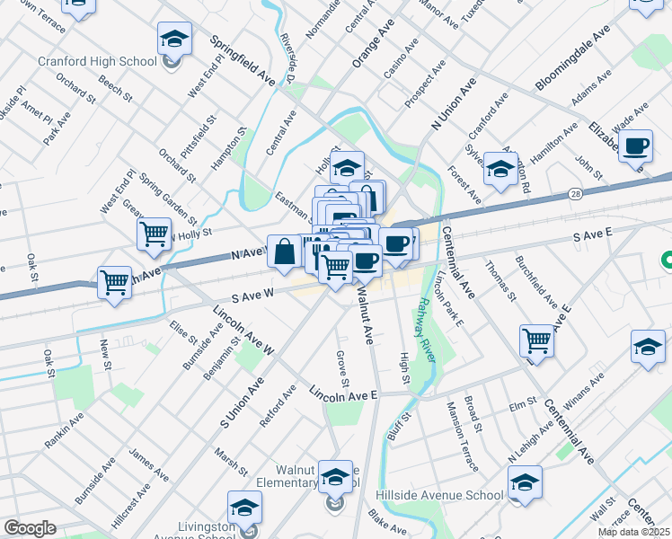 map of restaurants, bars, coffee shops, grocery stores, and more near in Cranford