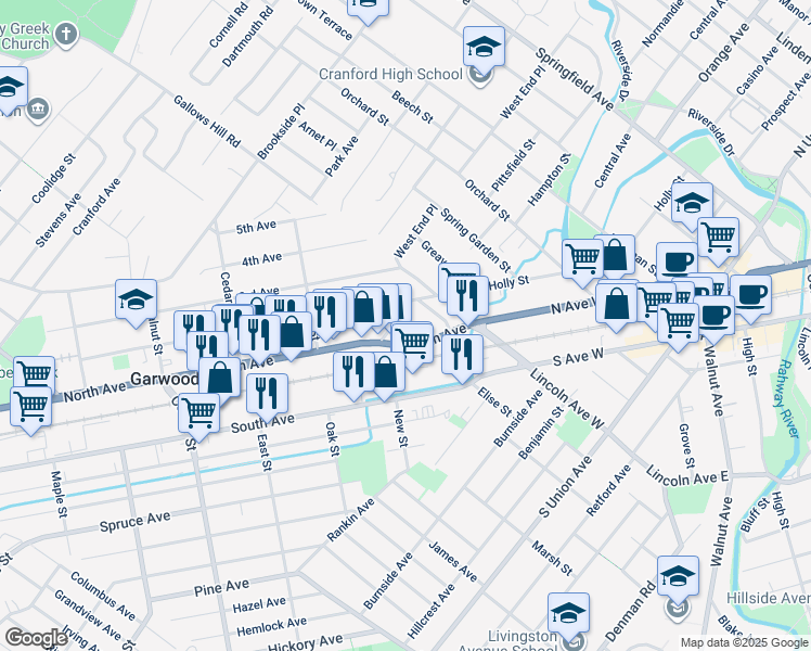 map of restaurants, bars, coffee shops, grocery stores, and more near 40 North Avenue in Garwood