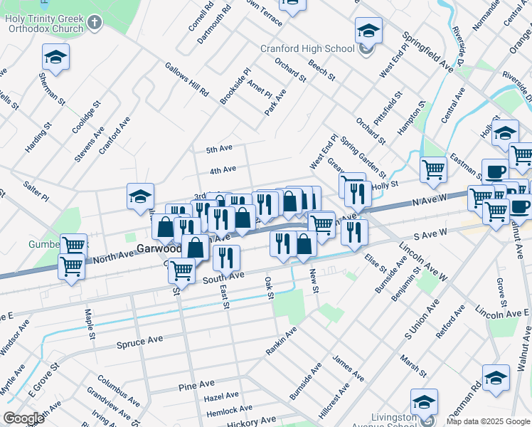 map of restaurants, bars, coffee shops, grocery stores, and more near 86 North Avenue in Garwood