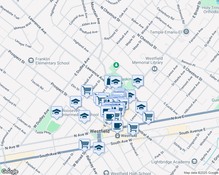 map of restaurants, bars, coffee shops, grocery stores, and more near 252 Orchard Street in Westfield