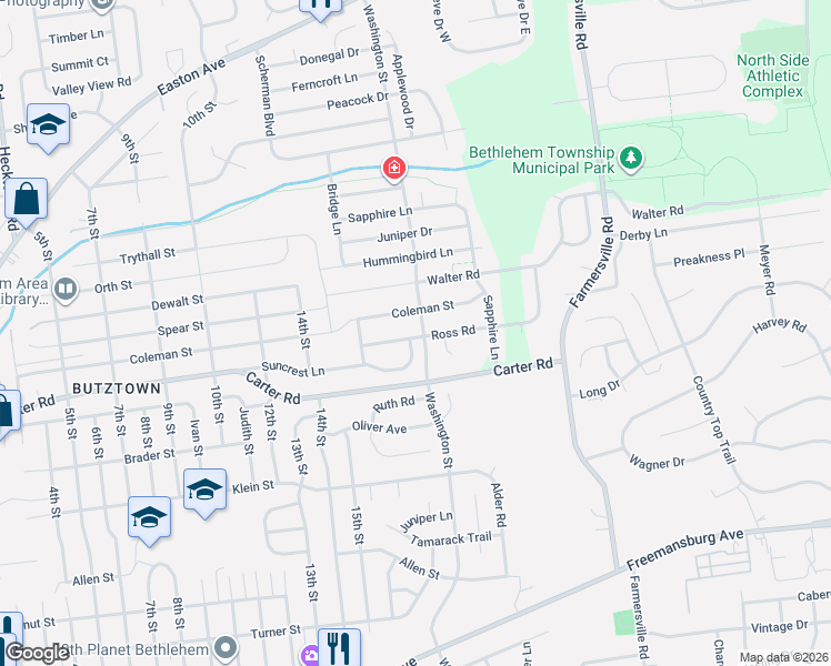 map of restaurants, bars, coffee shops, grocery stores, and more near 4120 Suncrest Lane in Bethlehem