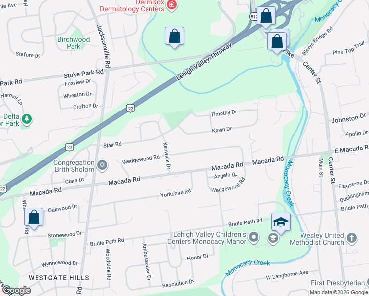map of restaurants, bars, coffee shops, grocery stores, and more near 680 Wedgewood Road in Bethlehem