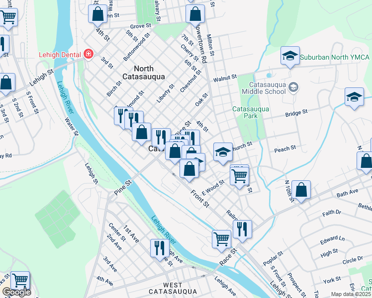 map of restaurants, bars, coffee shops, grocery stores, and more near 225 Bridge Street in Catasauqua
