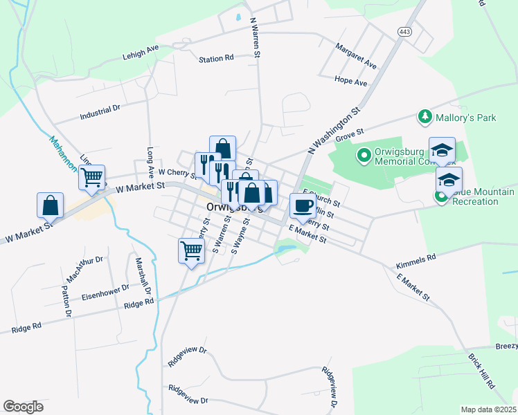 map of restaurants, bars, coffee shops, grocery stores, and more near 207 East Market Street in Orwigsburg