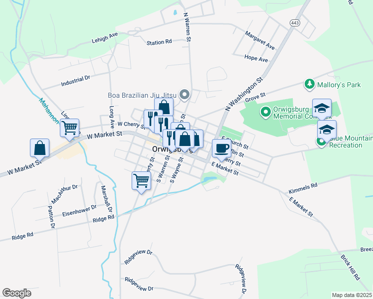 map of restaurants, bars, coffee shops, grocery stores, and more near 207 East Market Street in Orwigsburg