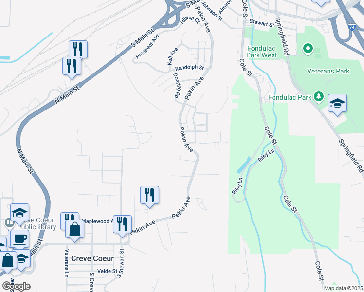 map of restaurants, bars, coffee shops, grocery stores, and more near 1101 Pekin Avenue in Creve Coeur