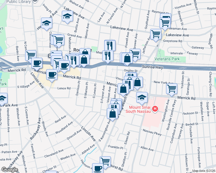 map of restaurants, bars, coffee shops, grocery stores, and more near 21 South Forest Avenue in Rockville Centre