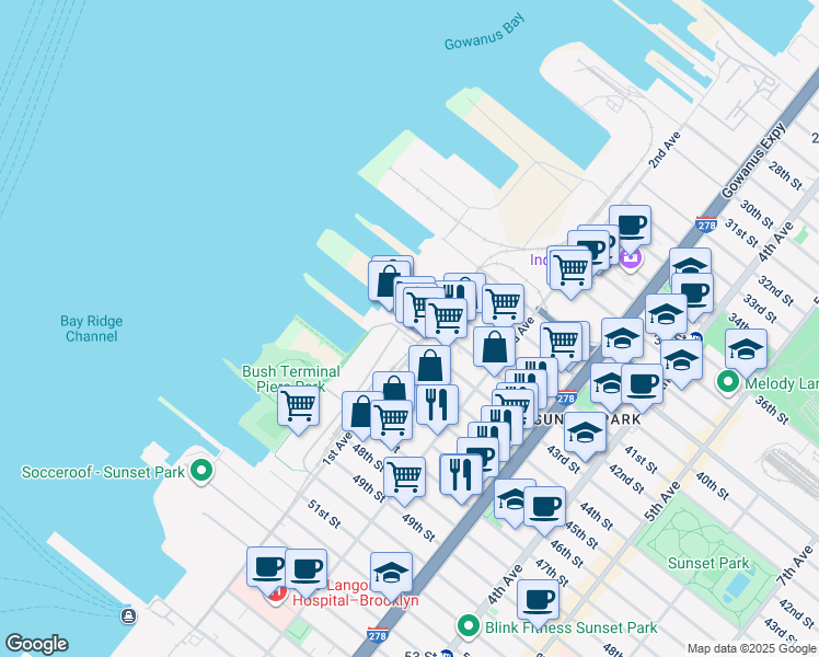 map of restaurants, bars, coffee shops, grocery stores, and more near 4290 1st Avenue in Brooklyn