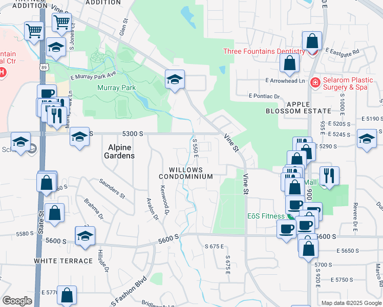 map of restaurants, bars, coffee shops, grocery stores, and more near 460 East Creekside Circle in Murray