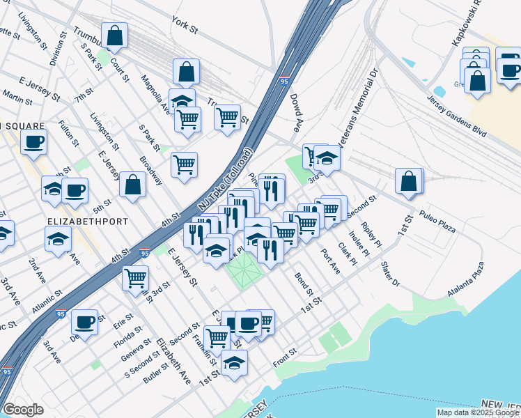 map of restaurants, bars, coffee shops, grocery stores, and more near 210 3rd Street in Elizabeth