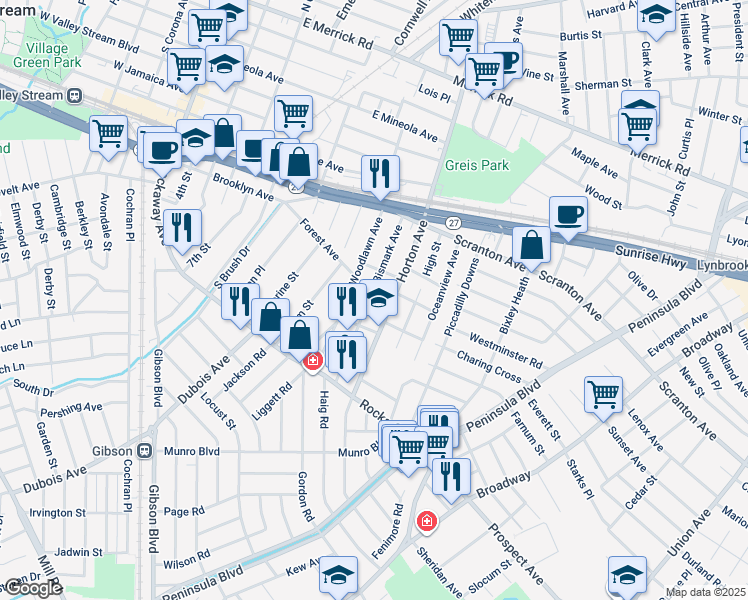 map of restaurants, bars, coffee shops, grocery stores, and more near 86 Bismark Avenue in Valley Stream