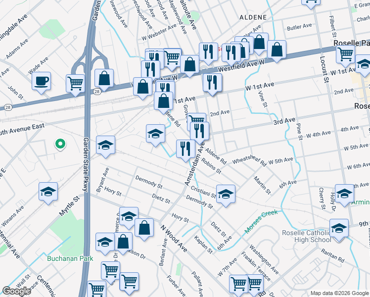 map of restaurants, bars, coffee shops, grocery stores, and more near 621 Prosper Avenue in Roselle