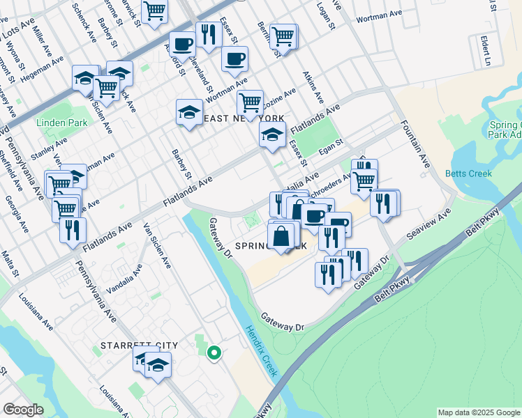 map of restaurants, bars, coffee shops, grocery stores, and more near 1111 Ashford Street in Brooklyn