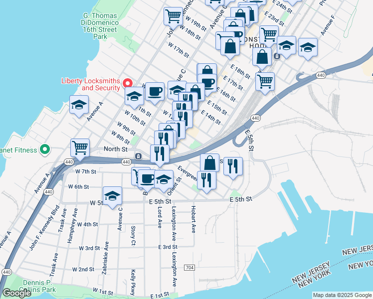 map of restaurants, bars, coffee shops, grocery stores, and more near 37 Linnet Street in Bayonne
