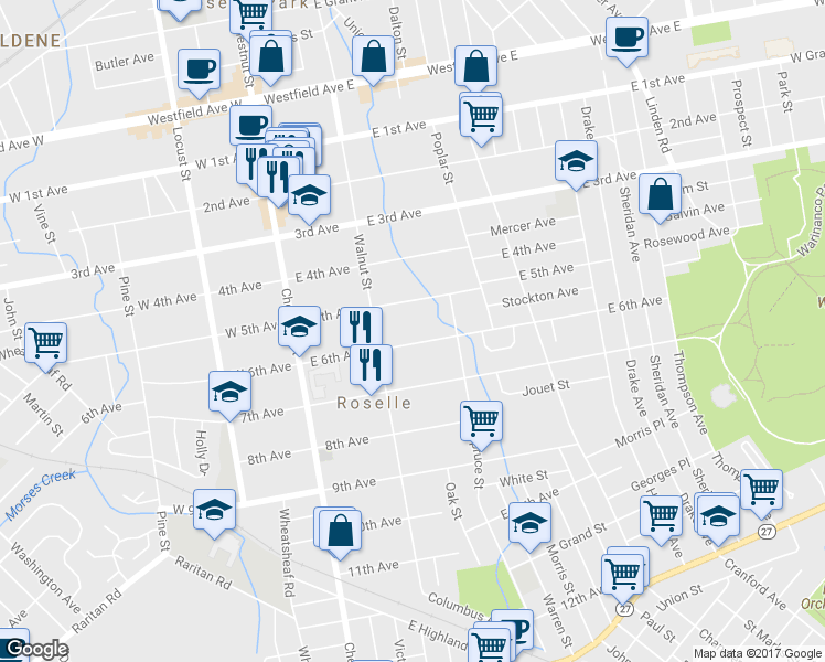map of restaurants, bars, coffee shops, grocery stores, and more near 233 East 6th Avenue in Roselle