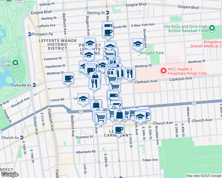 map of restaurants, bars, coffee shops, grocery stores, and more near 1308 Nostrand Avenue in Brooklyn