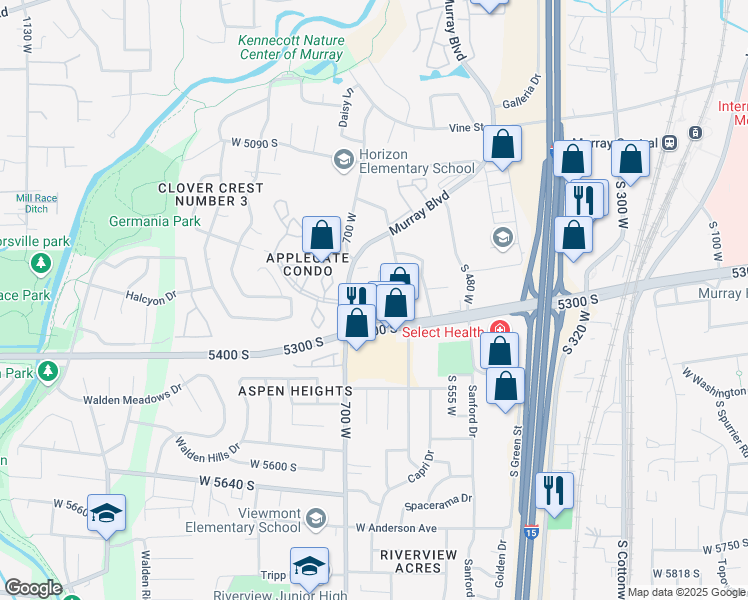 map of restaurants, bars, coffee shops, grocery stores, and more near 5344 Murray Ridge Road in Murray