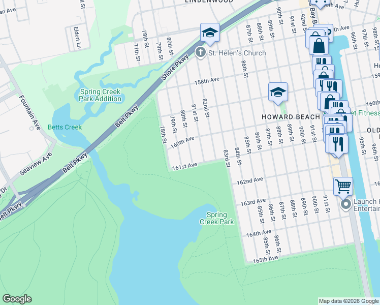 map of restaurants, bars, coffee shops, grocery stores, and more near 16043 80th Street in Queens