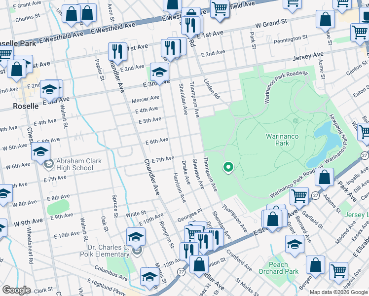 map of restaurants, bars, coffee shops, grocery stores, and more near 618 Sheridan Avenue in Roselle