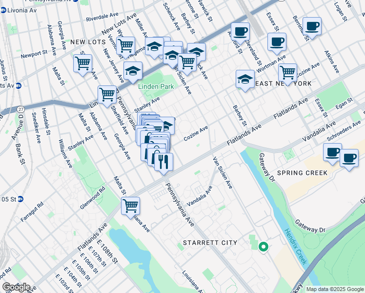 map of restaurants, bars, coffee shops, grocery stores, and more near 190 Cozine Avenue in Brooklyn