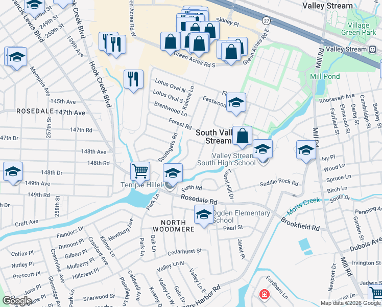 map of restaurants, bars, coffee shops, grocery stores, and more near 77 Riverdale Road in Valley Stream