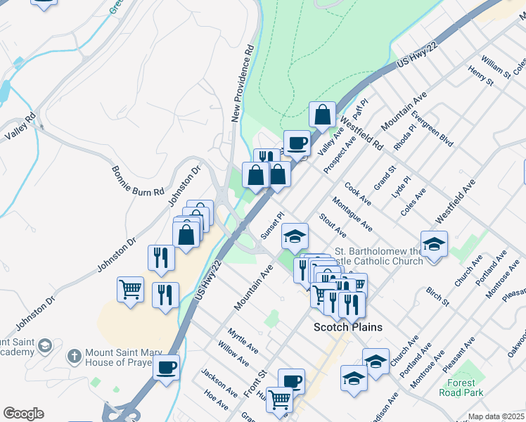 map of restaurants, bars, coffee shops, grocery stores, and more near 1933 Sunset Place in Scotch Plains