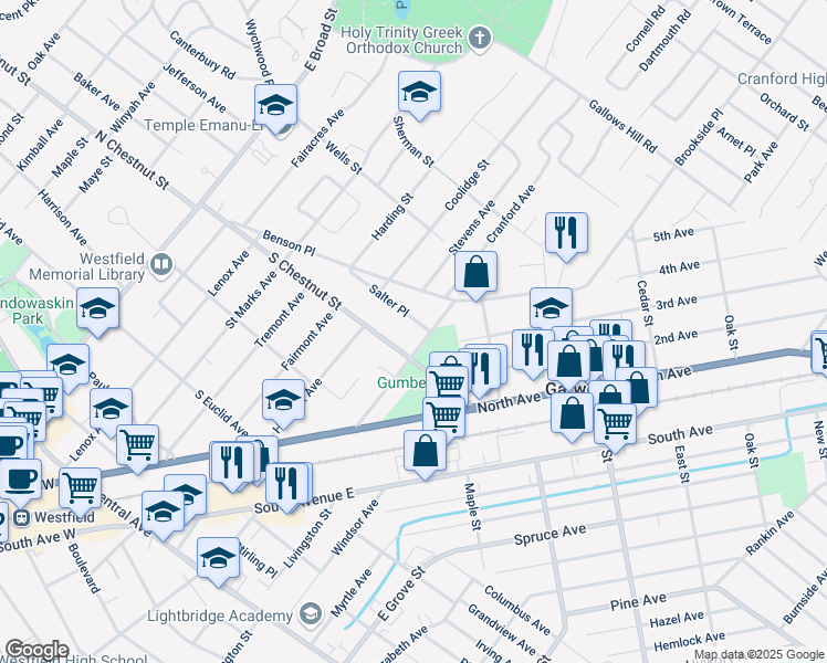 map of restaurants, bars, coffee shops, grocery stores, and more near 643 South Chestnut Street in Westfield