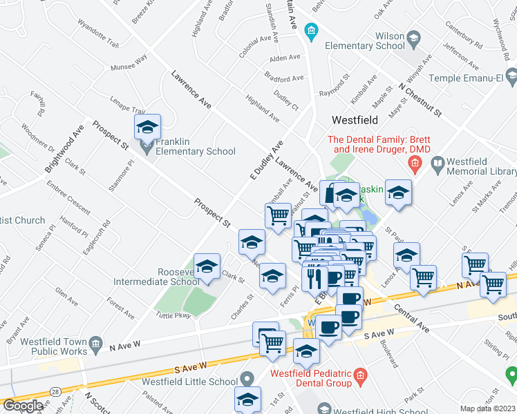 map of restaurants, bars, coffee shops, grocery stores, and more near 201 Kimball Avenue in Westfield