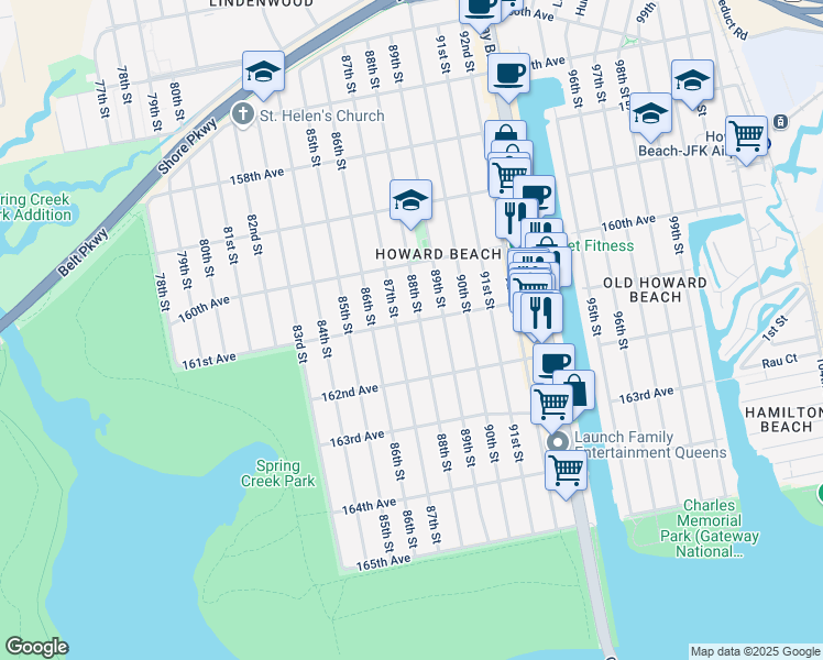 map of restaurants, bars, coffee shops, grocery stores, and more near 161-23 88th Street in Queens