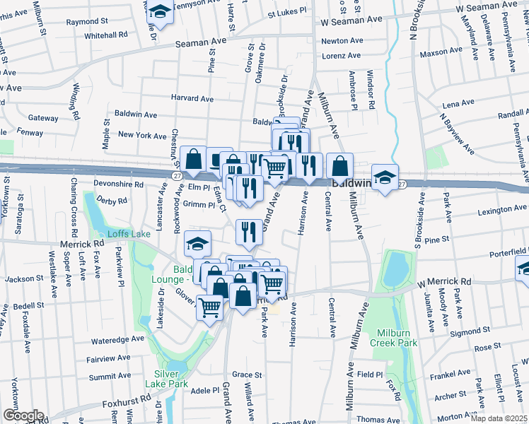 map of restaurants, bars, coffee shops, grocery stores, and more near 2322 Grand Avenue in Baldwin