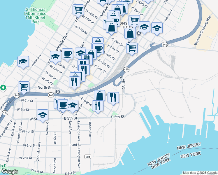 map of restaurants, bars, coffee shops, grocery stores, and more near 51 Oak Street in Bayonne