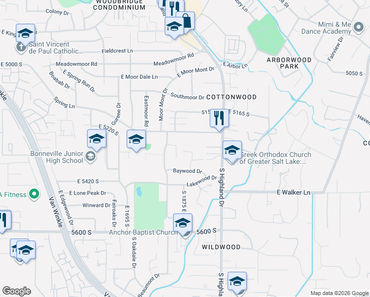 map of restaurants, bars, coffee shops, grocery stores, and more near 5308 Baywood Circle in Holladay