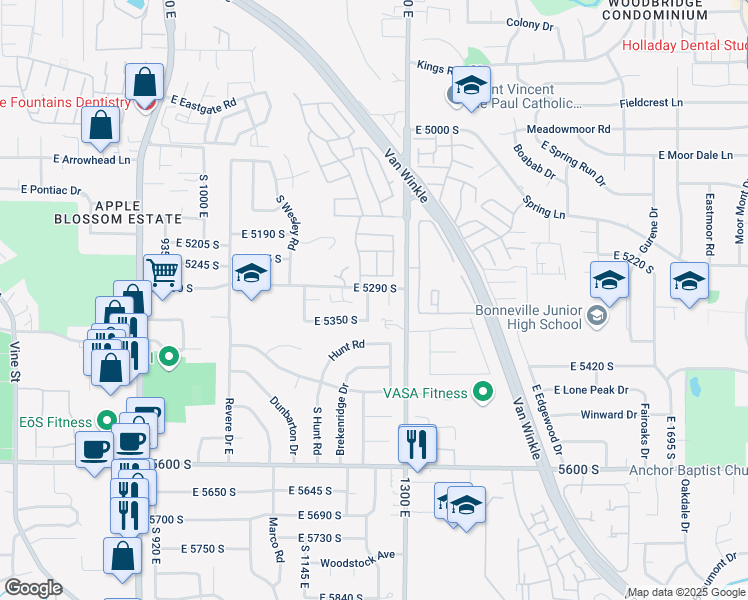 map of restaurants, bars, coffee shops, grocery stores, and more near 5334 Castlegate Drive in Salt Lake City