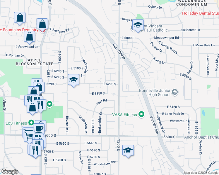 map of restaurants, bars, coffee shops, grocery stores, and more near 5334 Castlegate Drive in Salt Lake City