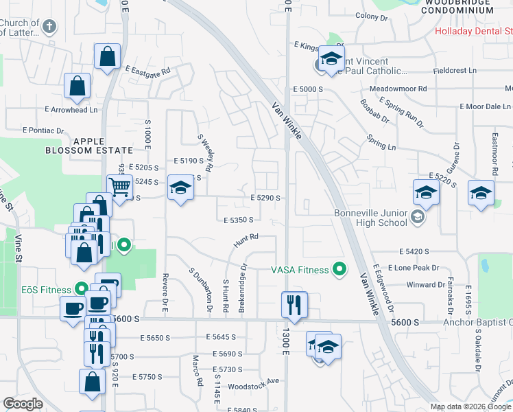 map of restaurants, bars, coffee shops, grocery stores, and more near 5334 Castlegate Drive in Salt Lake City