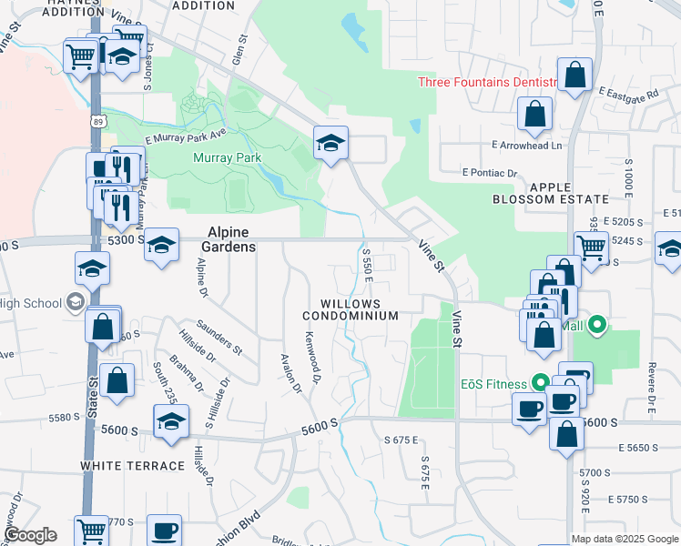 map of restaurants, bars, coffee shops, grocery stores, and more near 5349 Kenwood Drive in Salt Lake City