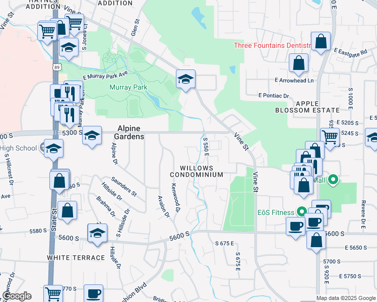 map of restaurants, bars, coffee shops, grocery stores, and more near 5349 Kenwood Drive in Salt Lake City
