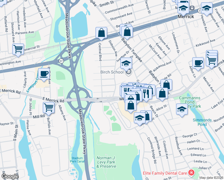 map of restaurants, bars, coffee shops, grocery stores, and more near 1732 Westmoreland Road in Merrick