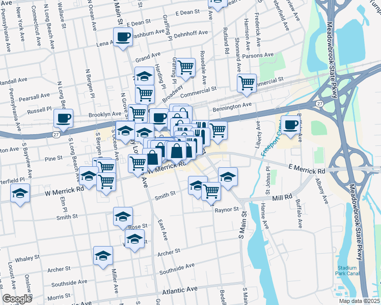 map of restaurants, bars, coffee shops, grocery stores, and more near 18 West Merrick Road in Freeport