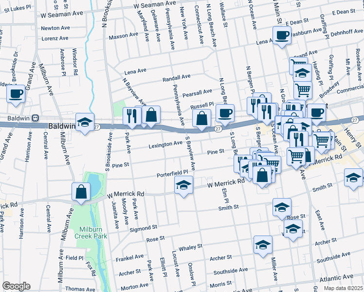 map of restaurants, bars, coffee shops, grocery stores, and more near 282 Pine Street in Freeport