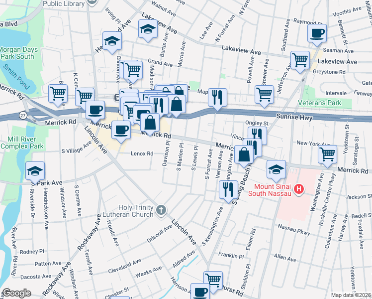map of restaurants, bars, coffee shops, grocery stores, and more near 24 South Lewis Place in Rockville Centre