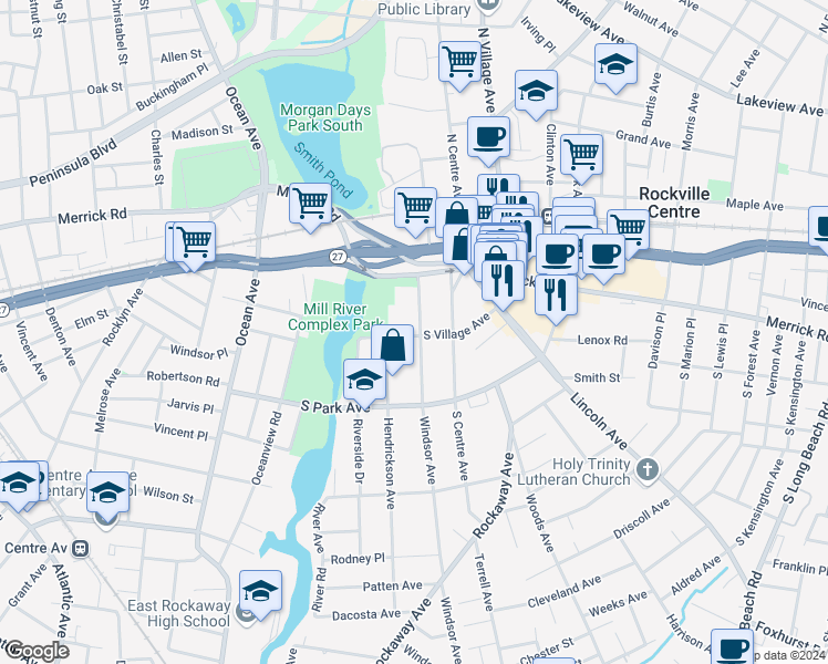map of restaurants, bars, coffee shops, grocery stores, and more near 109 South Village Avenue in Rockville Centre