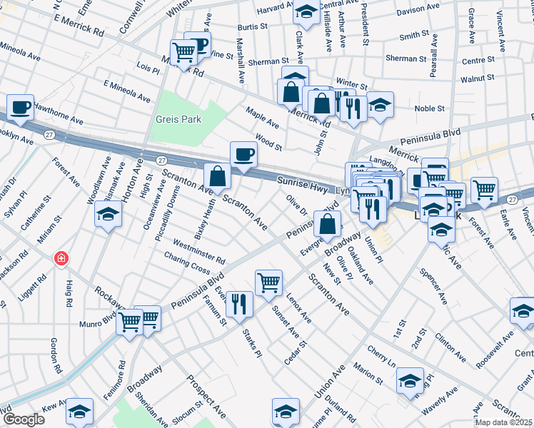 map of restaurants, bars, coffee shops, grocery stores, and more near 75 Sunrise Drive in Lynbrook