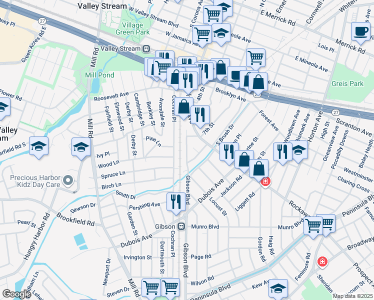 map of restaurants, bars, coffee shops, grocery stores, and more near 31 Gibson Boulevard in Valley Stream