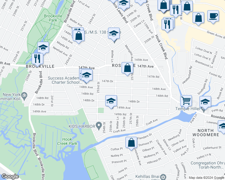 map of restaurants, bars, coffee shops, grocery stores, and more near 255-03 148th Road in Queens
