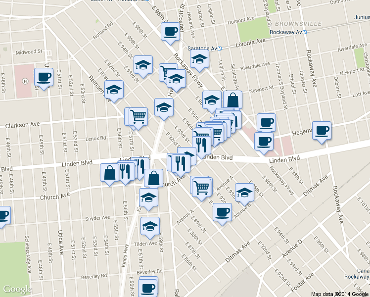 map of restaurants, bars, coffee shops, grocery stores, and more near 1023 Linden Boulevard in Brooklyn